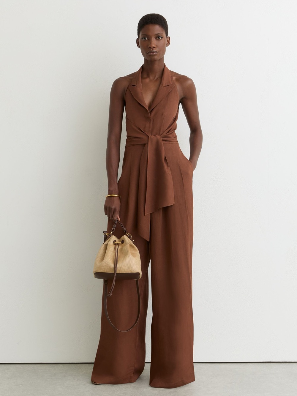 Reiss Taya Tie-Front Wide-Leg Jumpsuit with Linen in Rust Orange 6